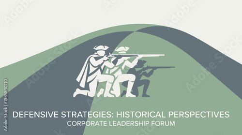 Colonial Soldiers Holding Muskets Kneeling Defensive Formation Abstract Wavy Background Modern Minimalist Style