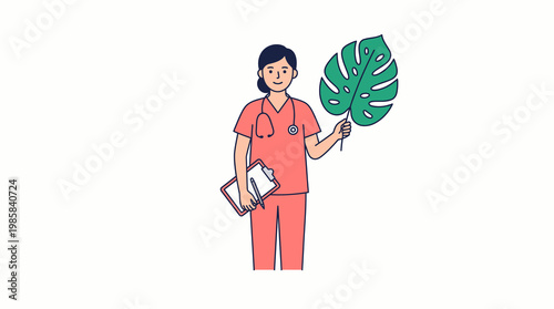 Female Nurse with Stethoscope Holding Monstera Leaf and Clipboard