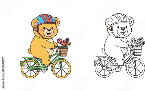 Cute cartoon bear riding a bicycle with a flower basket and safety helmet. Color and black and white outline version for kids coloring book vector illustration.