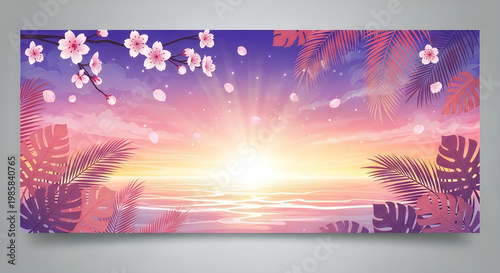Beautiful Tropical Sunset Over the Ocean with Blooming Cherry Blossoms and Lush Palm Leaves
