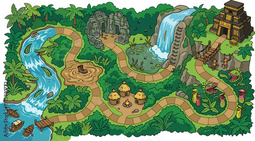 Jungle adventure game map, tropical rainforest board game background, ancient ruins level design