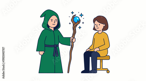 Wizard in green robe with magic staff visiting woman on office chair