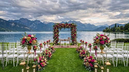Elegant lakeside ceremony setup showcases rows of white chiavari chairs on lush green lawns adorned with vibrant magenta and gold floral art.