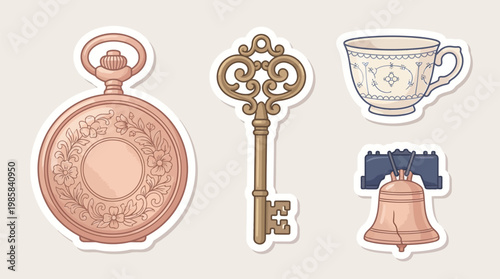 Antique Pocket Watch, Ornate Key, Floral Teacup, Cracked Bell Sticker Pack
