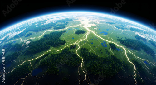 A Majestic View of Earth From Space, Highlighting Illuminated Networks Connecting Continents and Oceans on a Verdant Planet