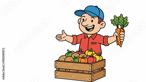 Farmer character holding bunch of carrots and vegetable crate