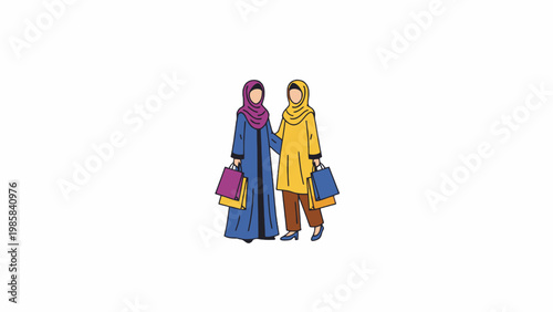Muslim women holding colorful shopping bags on white background