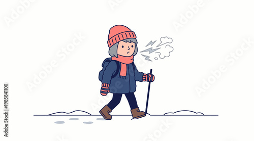 Girl hiker walking on snow with backpack and trekking pole