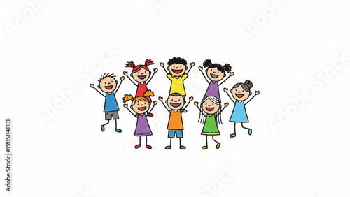 Group of diverse children raising hands doodle drawing