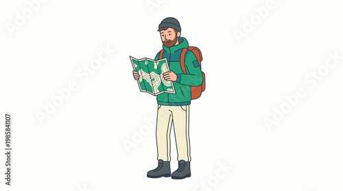 Male hiker looking at topographic map with backpack illustration