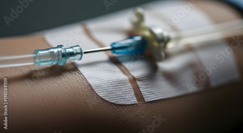 Covid-19 vaccine vial and syringe on medical document with soft natural lighting. Generated AI