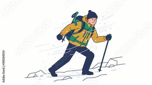 Hiker Mountaineering in Snowstorm During Winter Mountain Expedition