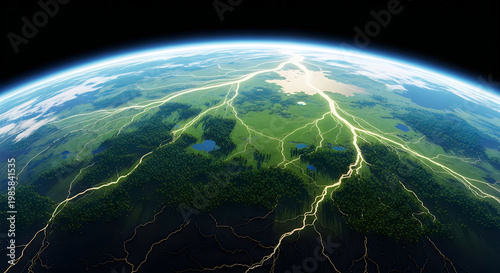 Abstract concept of global energy flow, visualized as luminous lightning streams connecting diverse terrestrial landscapes across the planet