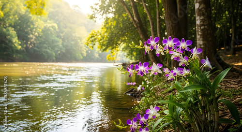 Serene Jungle River Landscape with Purple Orchids Blooming in the Lush Greenery and Sunlight Streaming Through the Trees