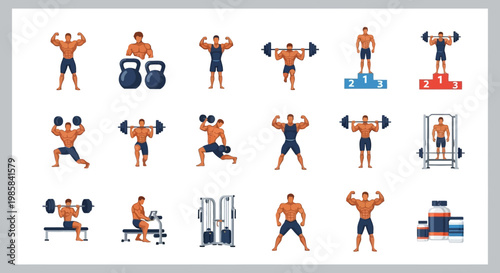Diverse group of athletic male figures performing various strength training exercises and posing with weights and gym equipment for fitness and