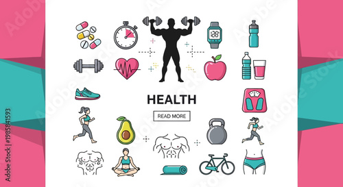 Collection of Healthy Lifestyle Icons Including Fitness Sports Nutrition and Wellness Elements For Digital Media Presentation
