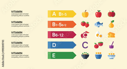 Nutritional Information Chart Showing Different Vitamins And Associated Foods For Healthy Eating And Dietary Choices