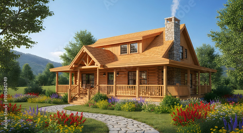 Log Cabin House Surrounded by Lush Greenery and Colorful Flowers, with Mountains in the Background