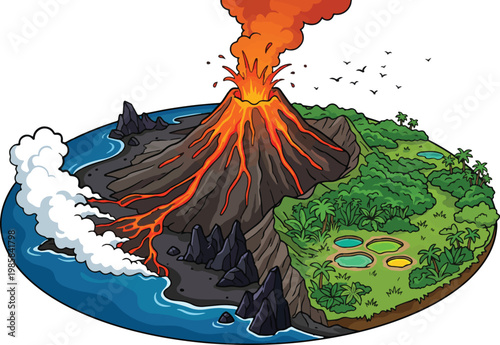 Erupting volcano island vector, tropical volcanic landscape, prehistoric mountain with lava flow