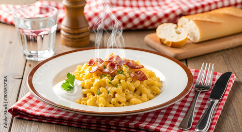 Delicious Plate of Macaroni and Cheese Topped with Crispy Bacon Bits and a Side of Creamy White Sauce on a Wooden Table