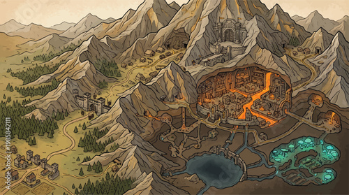 Fantasy world map, hand drawn mountain kingdom, underground dungeon and lava cave vector
