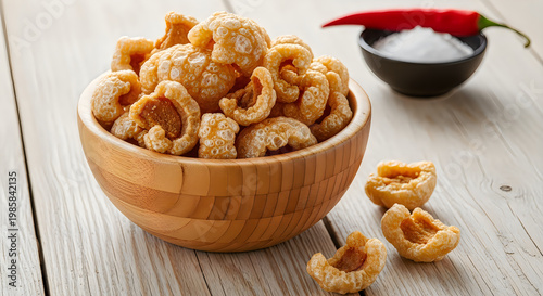Delicious Pork Rinds in a Wooden Bowl with Red Chili Pepper and Salt, A Crispy Snack Perfect for Any Occasion