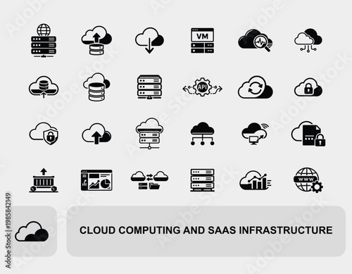 Cloud computing icon set, cloud computing and SaaS infrastructure black and white vector collection
