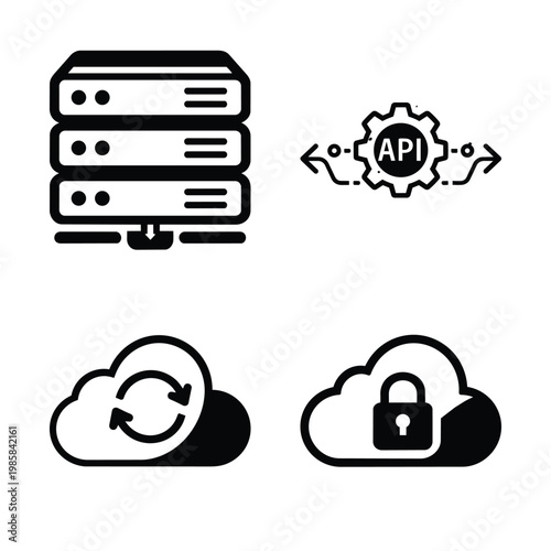 Cloud infrastructure icon set, cloud infrastructure and cloud security black and white vector