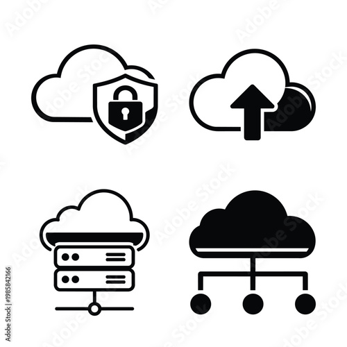 Cloud infrastructure icon set, cloud infrastructure and cloud security black and white vector