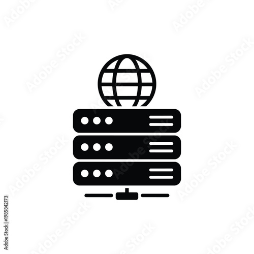 Global server icon, global server infrastructure black and white vector