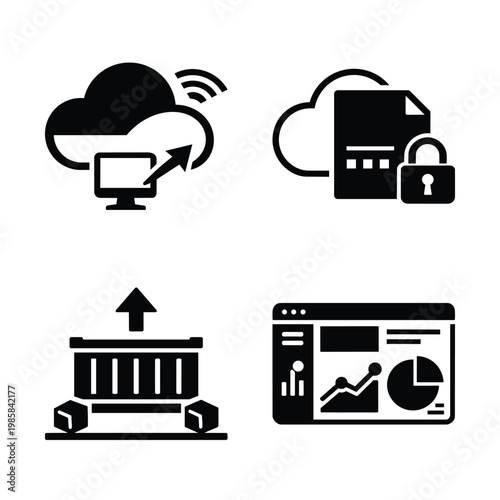 Cloud service icon set, cloud service and cloud security black and white vector