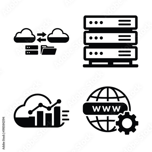 Cloud infrastructure icon set, cloud infrastructure and cloud service black and white vector