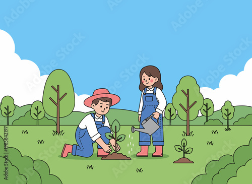 Young couple planting tree together in park eco friendly lifestyle illustration
