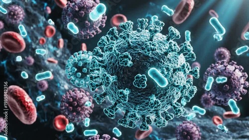 3D medical animation of Y shaped antibodies attacking and neutralizing virus cells in the blood stream
