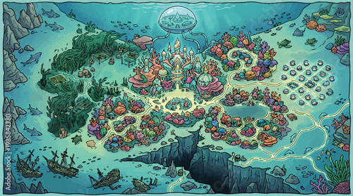 Underwater fantasy city map, magical ocean kingdom vector, mythical sea world game background