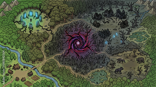 Fantasy world map vector, mystical landscape with magic portal, tabletop rpg game environment