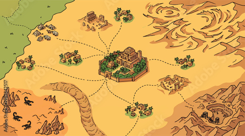 Vintage fantasy desert map, isometric RPG world map vector, ancient oasis city and sand dunes