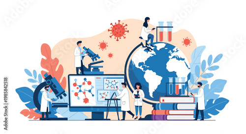 Scientists conducting global medical research and virus analysis with microscopes and laboratory equipment on a world map.