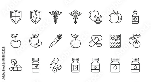 Healthy Lifestyle Icons Representing Medical Care Nutrition Supplements And Natural Wellness Products For A Balanced Diet Concept