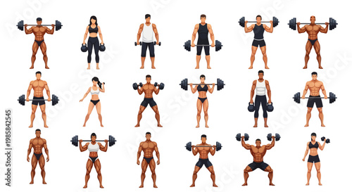 Diverse Group of Muscular Men and Women Performing Weightlifting Exercises with Dumbbells and Barbell Equipment for Fitness and Strength Training