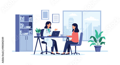 Female doctor consulting with a patient in a modern medical office featuring a desk with a laptop and city view window.