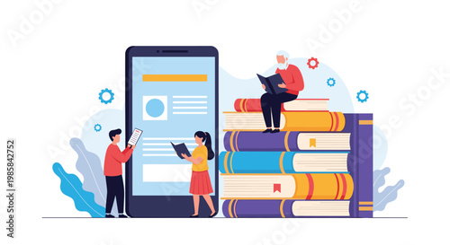 Group of people reading digital and physical books around a giant smartphone representing modern education and e-learning.