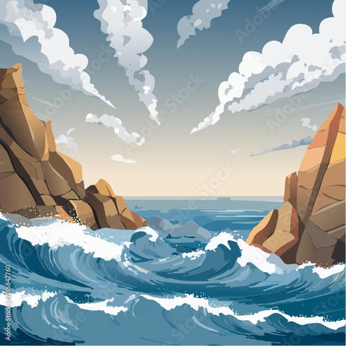 Eine dramatische, zerklüftete Küstenlandschaft mit rauen Felsen, gegen die gewaltige Wellen donnern. 