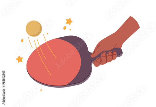 Cartoon hand swinging paddle hitting bouncing pingpong ball with stars isolated vector illustration