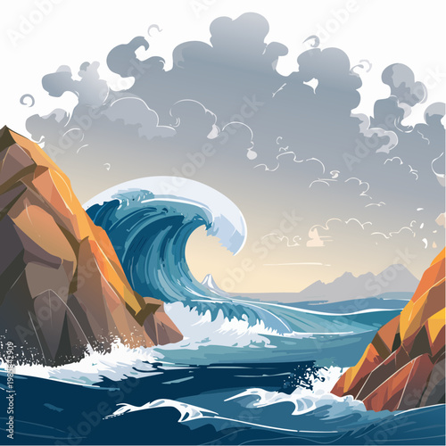 Eine dramatische, zerklüftete Küstenlandschaft mit rauen Felsen, gegen die gewaltige Wellen donnern. 