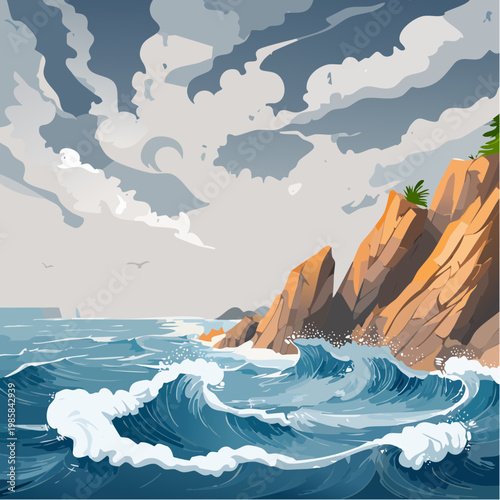 Eine dramatische, zerklüftete Küstenlandschaft mit rauen Felsen, gegen die gewaltige Wellen donnern. 