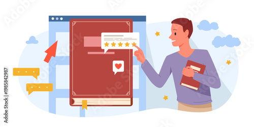 Person holding book and leaving five star review on digital platform, representing online book rating, feedback, and literature evaluation concept, isolated on white background vector illustration
