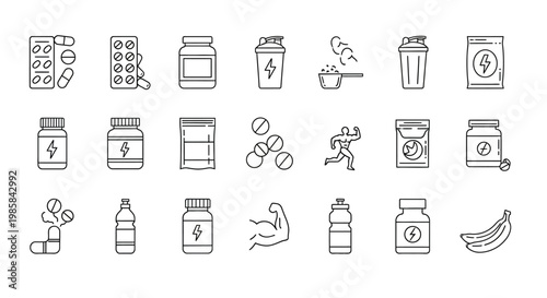 Diverse Collection of Fitness Nutrition Supplements and Workout Aids Represented in Clean Outline Icons Ideal for Health and Wellness Themes