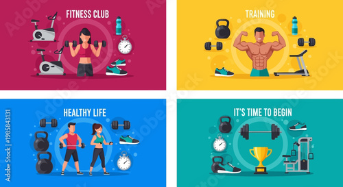 Fitness club concept for a healthy lifestyle with workout equipment and active people achieving their goals with dedication and motivation for