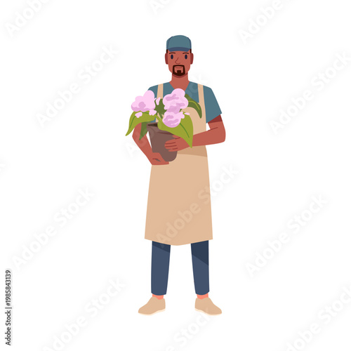 Male florist in apron holding a pot of blooming pink flowers, standing and smiling, isolated on white background vector illustration